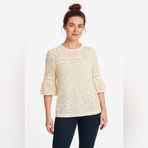 LOFT Sheer Lace Blouse Floral High Neck 3/4 Bell Sleeve - Size Large